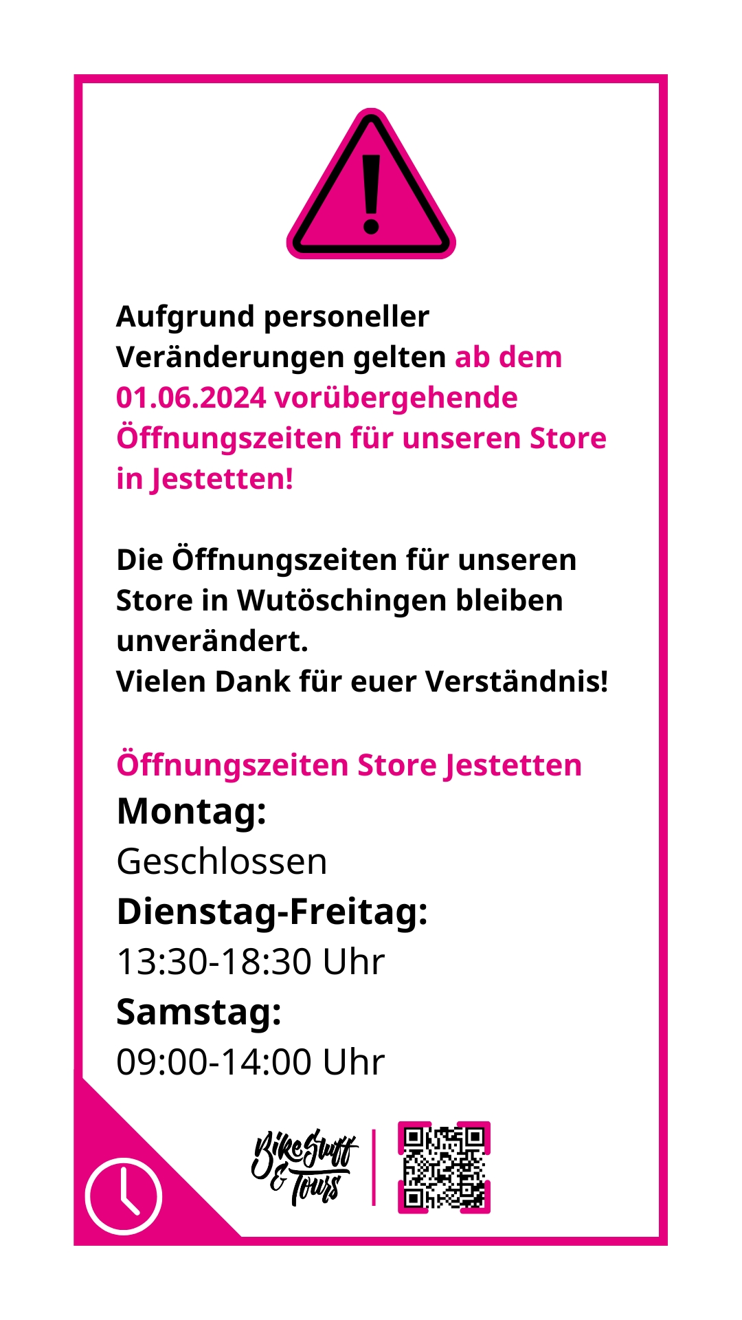Pop up Hinweis vorübergehende Öffnungszeiten Jestetten